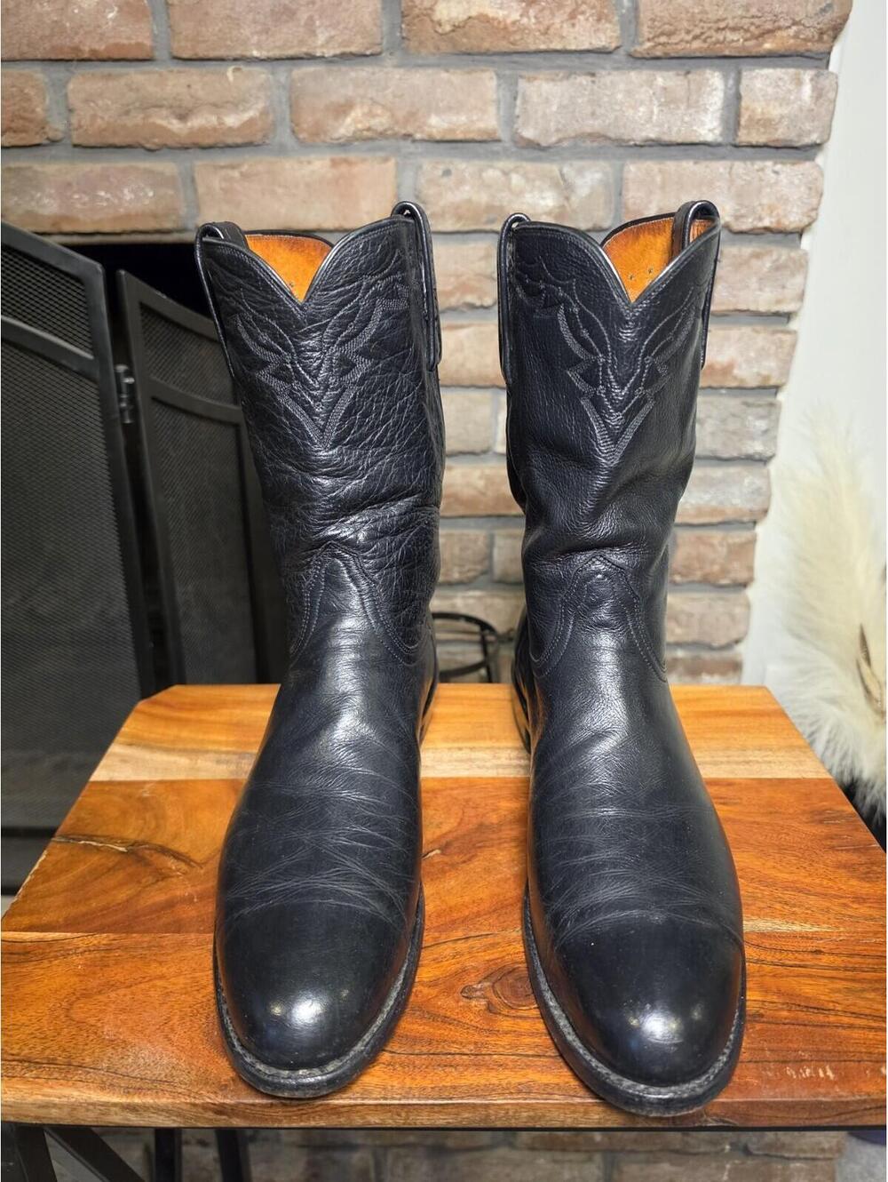 Lucchese 1883 Lonestar Roper Boots Black Leather Men's 10.5 B Narrow T0082C USA